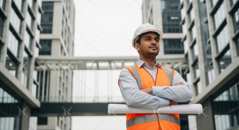 A confident civil engineer standing at construction site, wearin