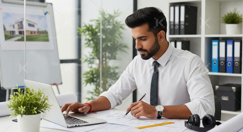 A young male architect in a white shirt and tie works on bluepri