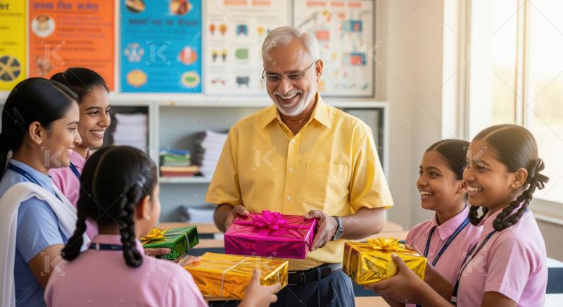 Elderly male teacher in a yellow shirt receives multiple colorfu