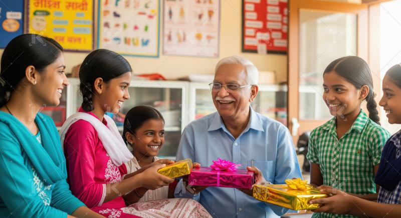 Elderly male teacher in a yellow shirt receives multiple colorfu