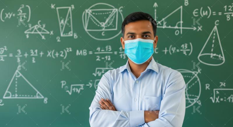 A confident male mathematics teacher standing in front of a gree
