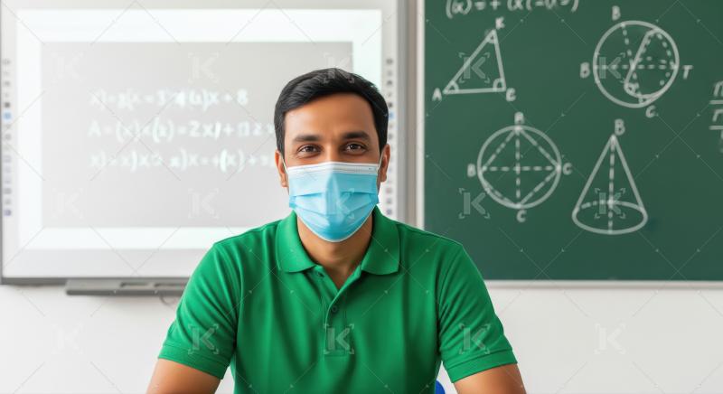 A confident male mathematics teacher standing in front of a gree
