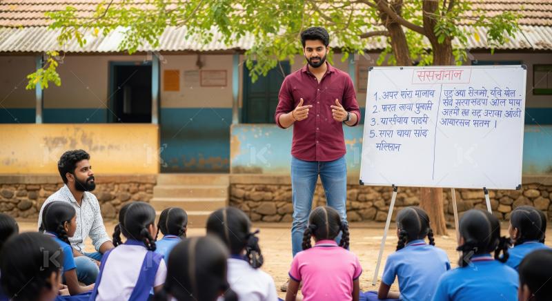 A village school teacher conducts an interactive outdoor lesson