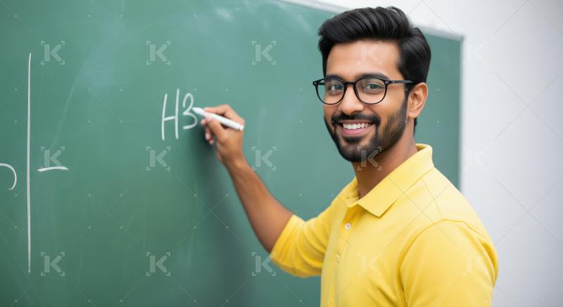 A young Indian teacher in a yellow shirt writes on a green chalk