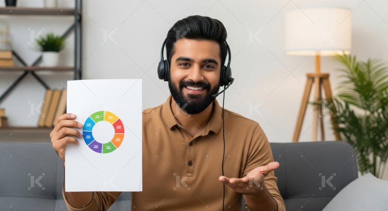 Young Indian male teacher teaches online, wearing headphones and