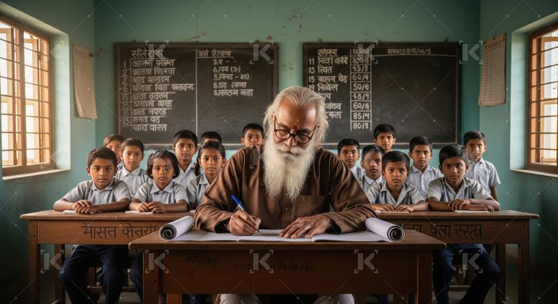 An elderly male teacher with a white beard sits at the front des