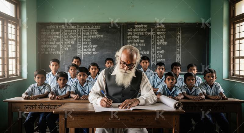 An elderly male teacher with a white beard sits at the front des