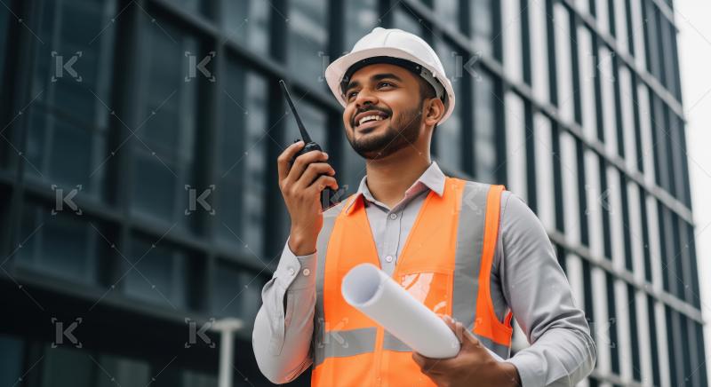 A young engineer in an orange safety vest and white helmet holdi
