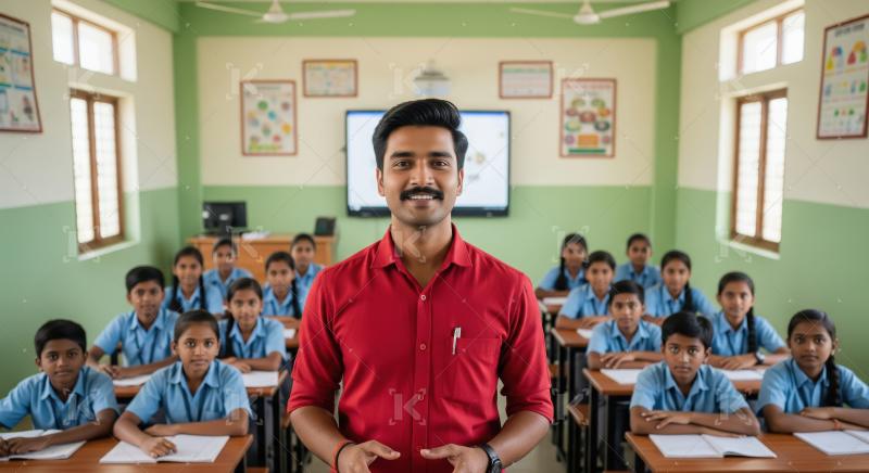 A confident Indian teacher stands at the front of a modern class