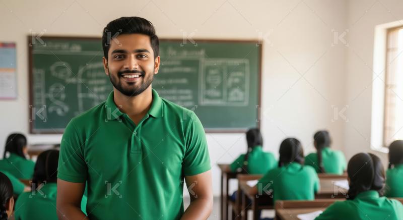 A confident Indian teacher stands at the front of a modern class