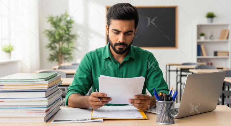 A young Indian man in a green shirt sits at a classroom desk, st