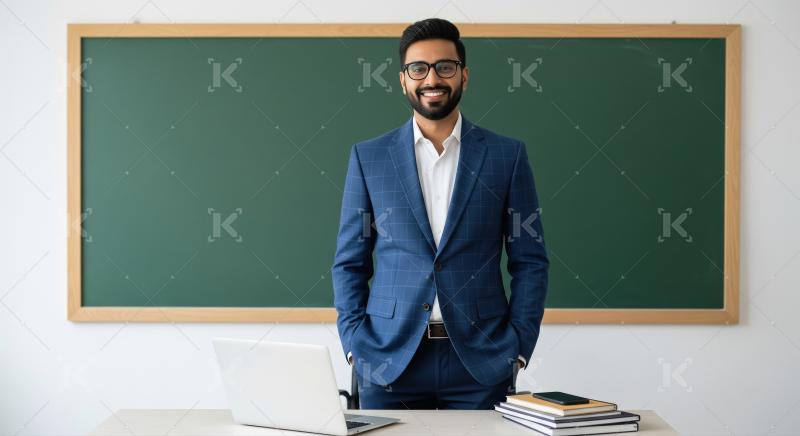 A professional Indian teacher in a blue checked suit stands conf