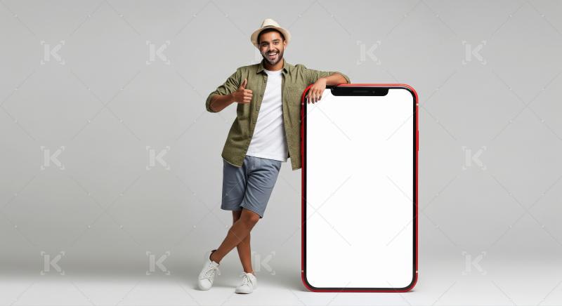 A stylish young man wearing vacation clothes leans on a giant mo