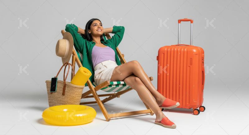 A woman relaxes in a striped beach chair with a suitcase, straw