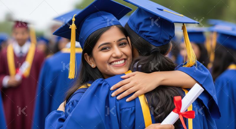 Two graduates in blue caps and gowns embrace with diplomas in ha