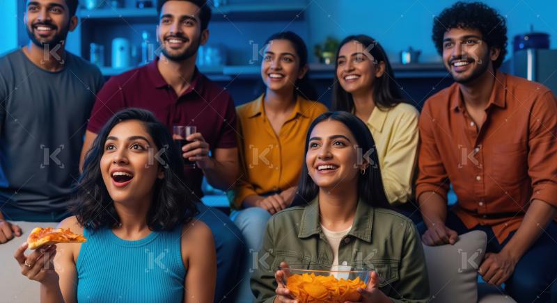 A group of young Indian friends gather in a cozy home setting, e