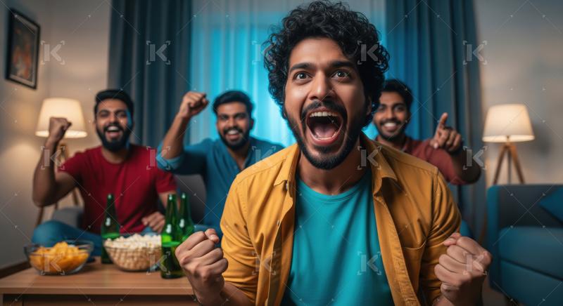 A group of young Indian friends gather in a cozy home setting, e