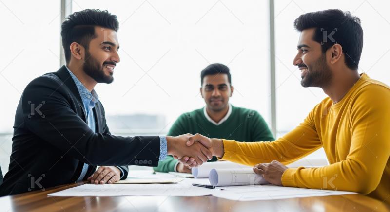 Two business professionals shake hands across a conference table