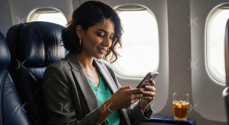 A businesswoman in a grey blazer sits by the window in an airpla