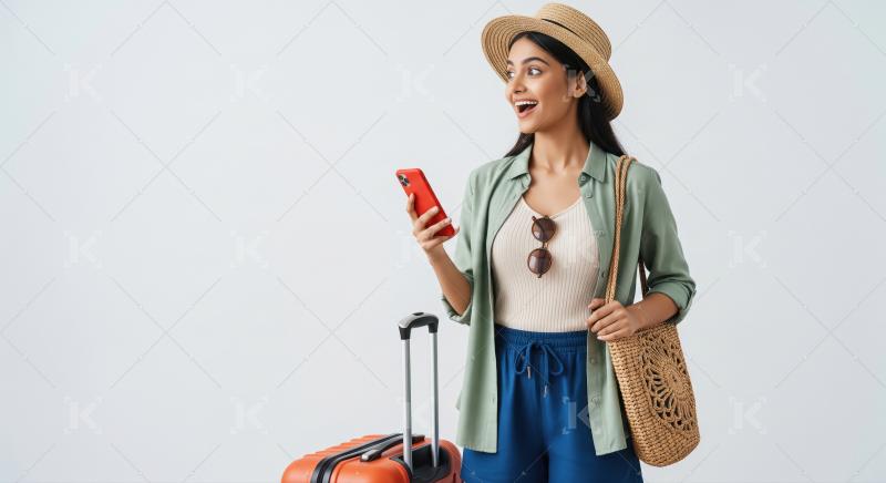 A stylish woman in a straw hat stands ready for a trip holding a