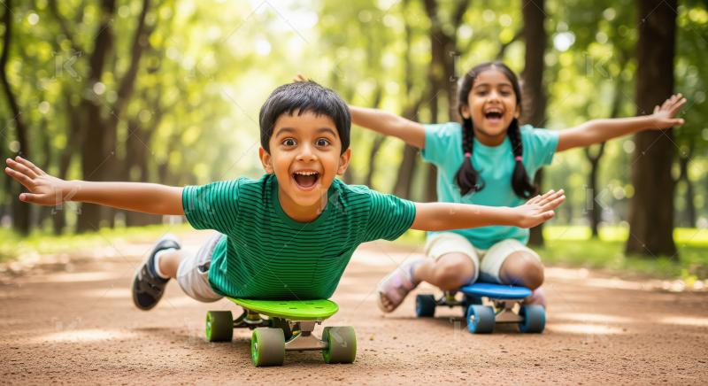 A boy and girl enjoy skateboarding and gliding with their arms s