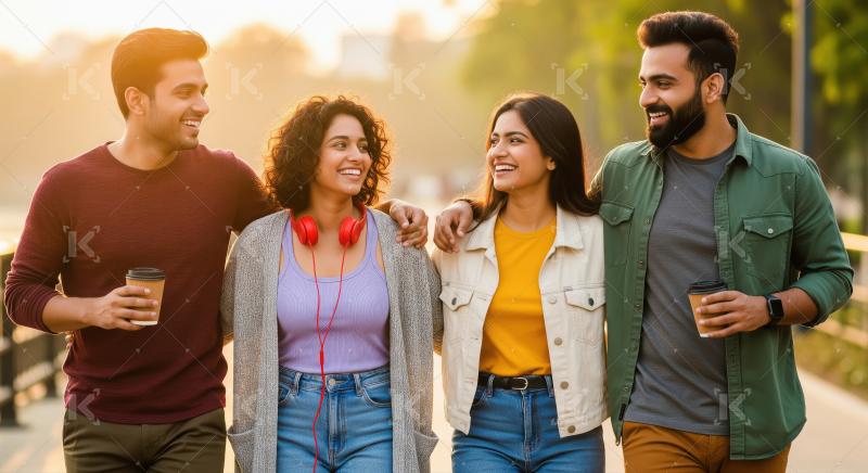 Four young friends walk arm-in-arm down a sunny urban path, smil