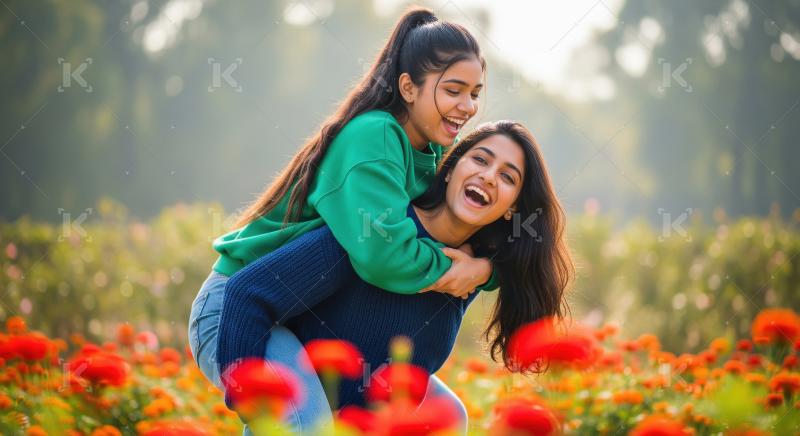 Two young female friends play and laugh together in a vibrant fi