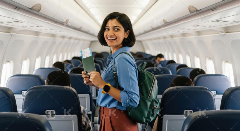 A young woman stands in an airplane aisle with a green backpack,