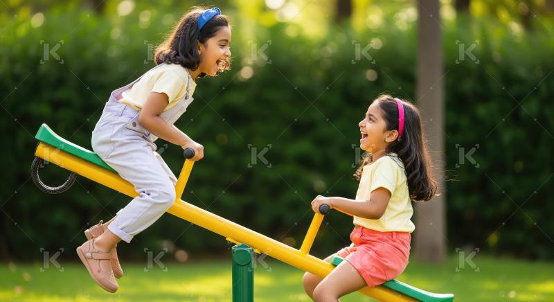 Two young girls play happily together on a green and yellow sees