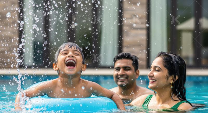 A family of three, including a young boy in a blue swim ring, en