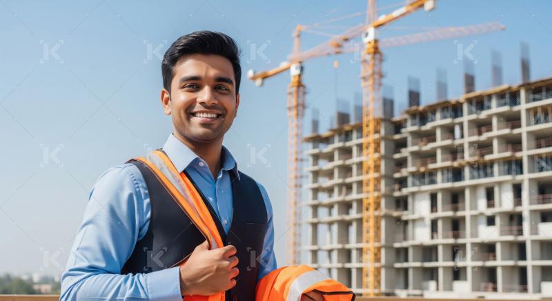 A young male engineer in safety helmet and orange vest holds two