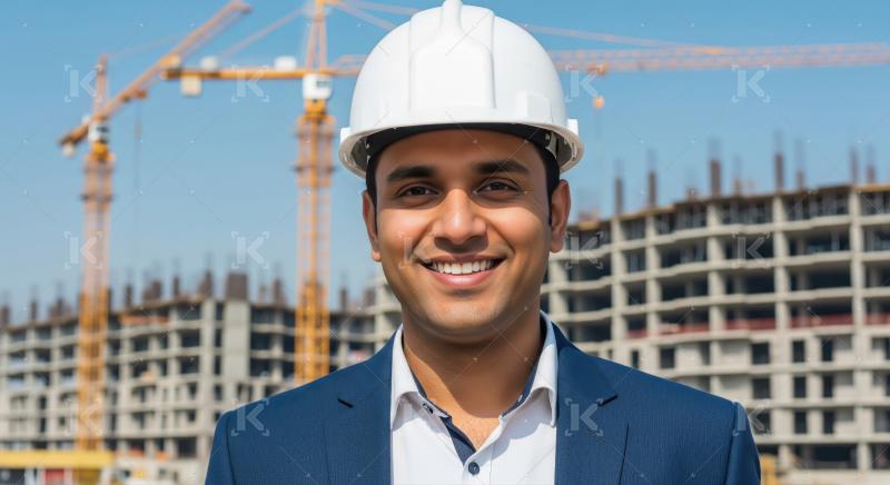 A young male engineer in safety helmet and orange vest holds two
