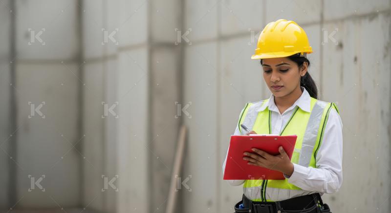 A female site engineer or supervisor inspects and notes down fin
