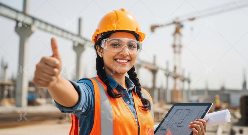 A confident female engineer in an orange vest and safety helmet