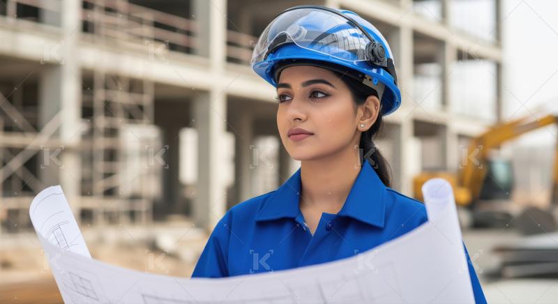 A female engineer in blue coveralls and a safety helmet stands a