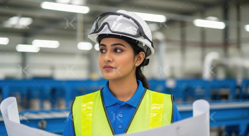 A female engineer in blue coveralls and a safety helmet stands a