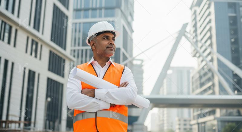 A mature architect or engineer in an orange safety vest and whit