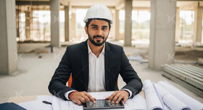 A young male engineer in safety helmet and orange vest holds two