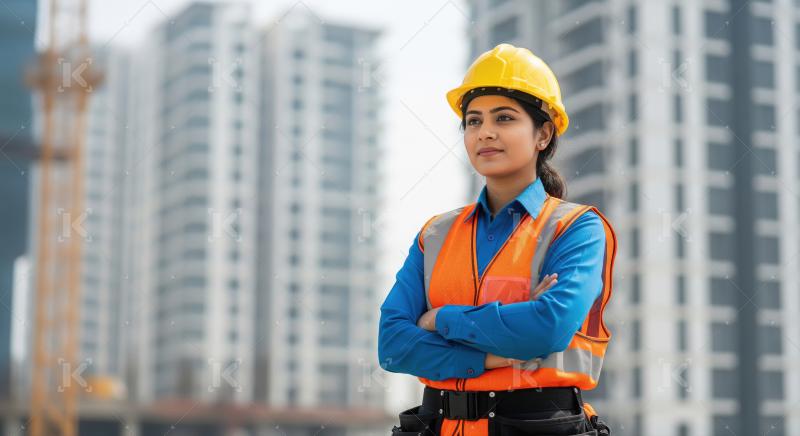 A confident female construction engineer stands with folded arms