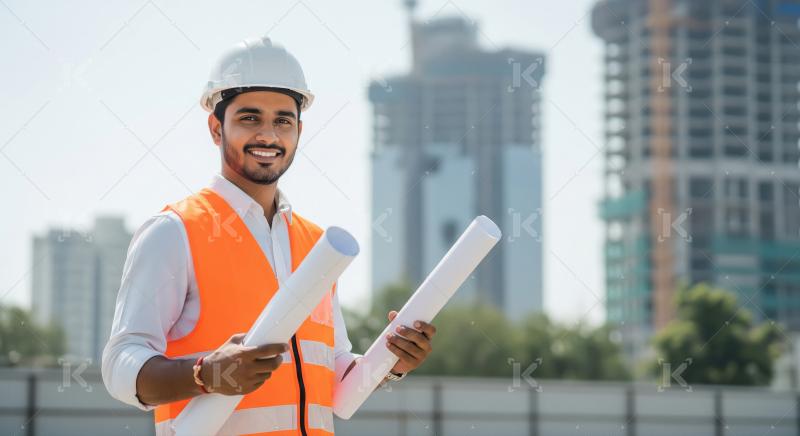 A young male engineer in safety helmet and orange vest holds two