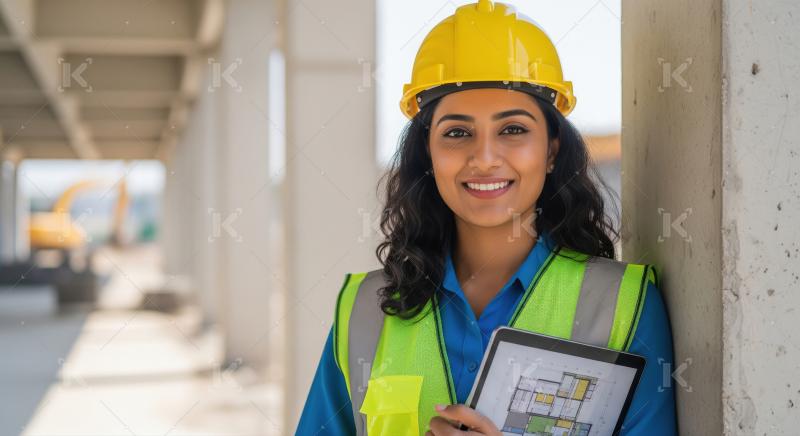 A female architect or engineer leans against a column at a works