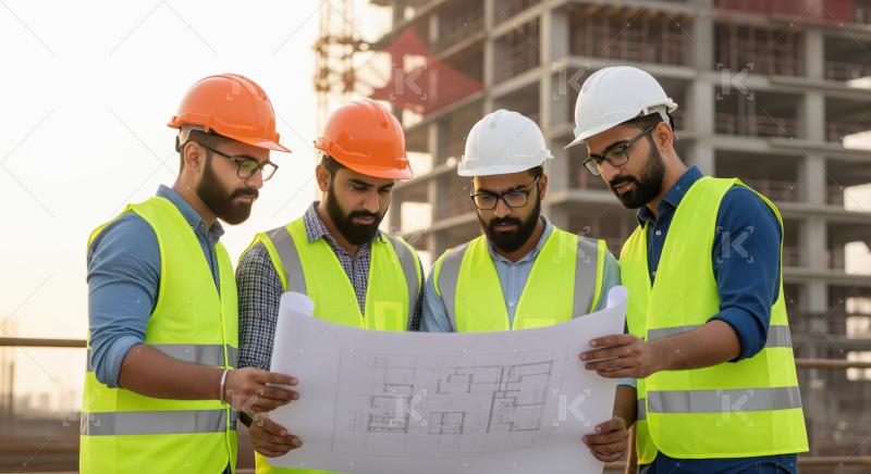 A group of engineers in safety vests and helmets review construc