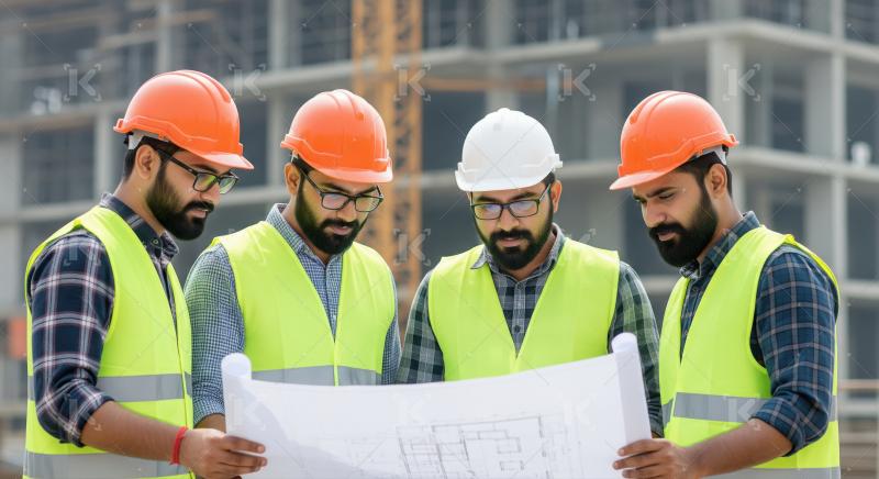 A group of Indian site engineers and supervisors, closely examin