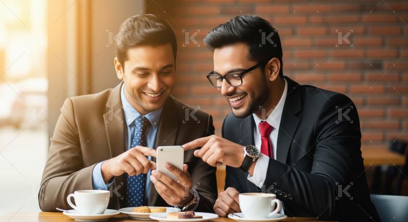 Two businessmen in suits discuss something on a smartphone at a
