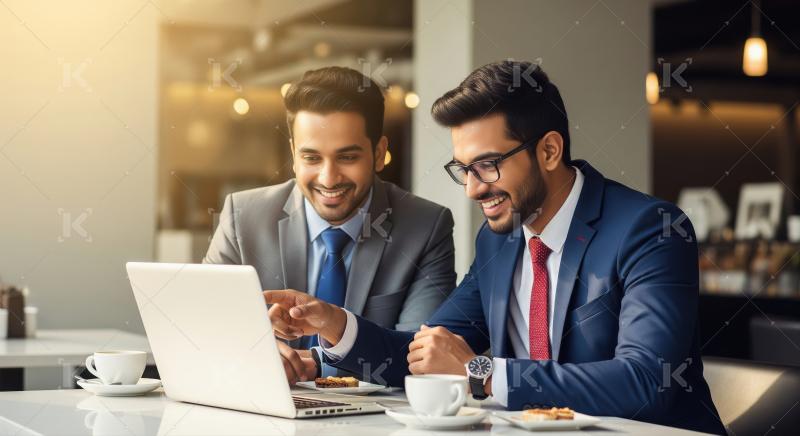 Two businessmen in suits discuss something on a smartphone at a