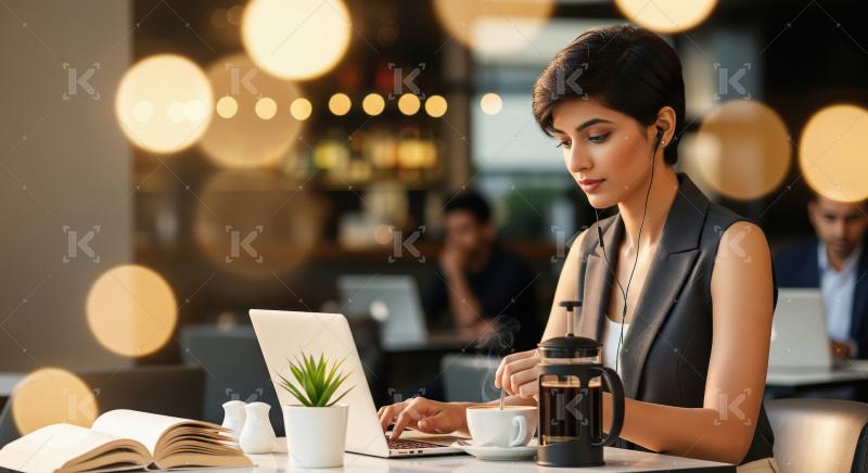A young Indian woman at a bustling café, sipping coffee and sur