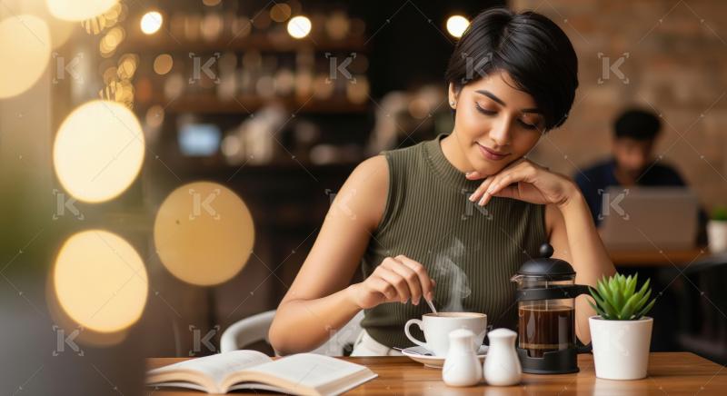 A young Indian woman at a bustling café, sipping coffee and sur