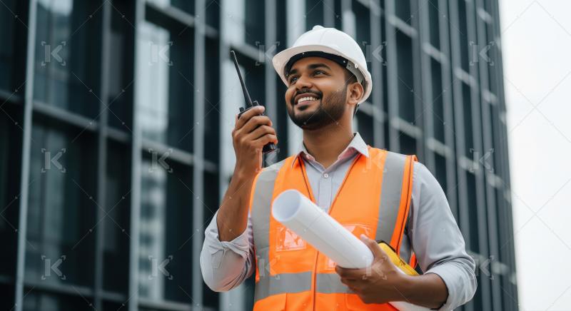 A young engineer in an orange safety vest and white helmet holdi