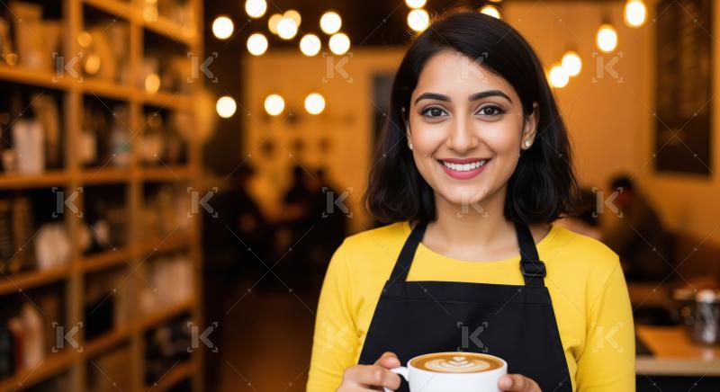 A cheerful Indian barista in a yellow top and apron presents a c