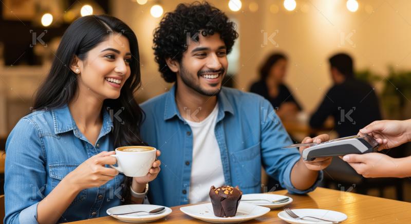 A young Indian couple smiles as they pay for coffee with a card